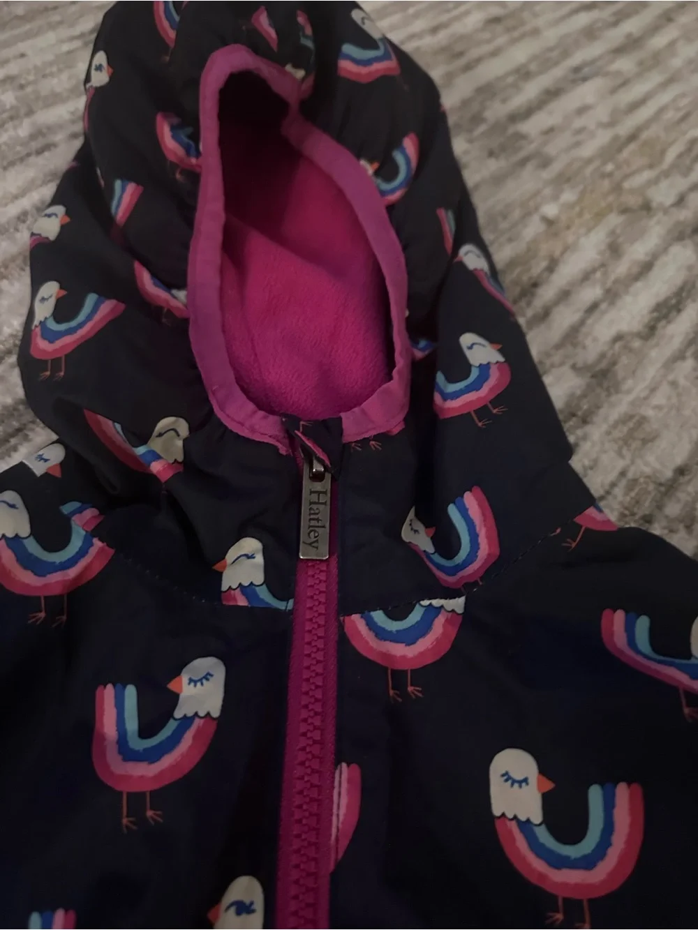 Hatley Navy Hooded Jacket with Pink Fleece Lining and Bird Print - size 8 kids